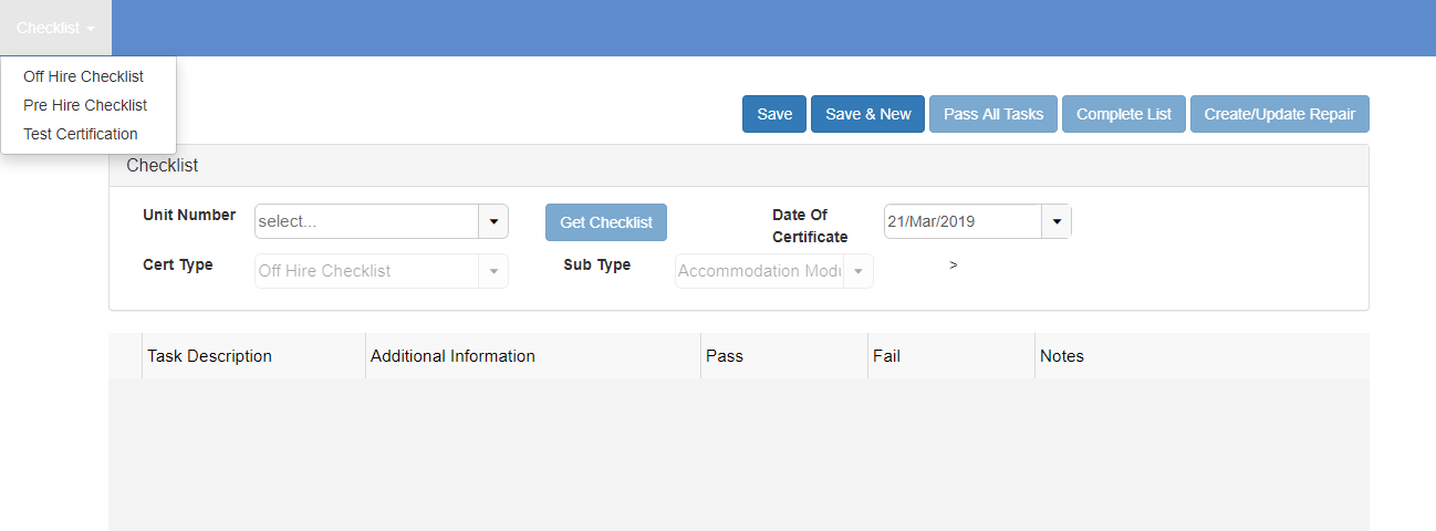 Checklist Search Screen