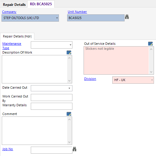 Repair Details Record